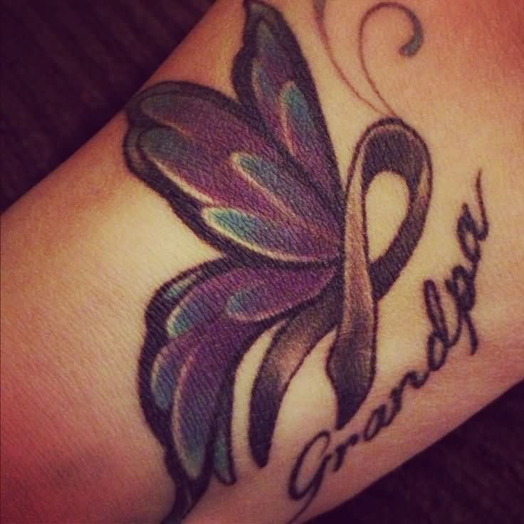 Grandpa - Cancer Ribbon With Butterfly Wings Tattoo Design