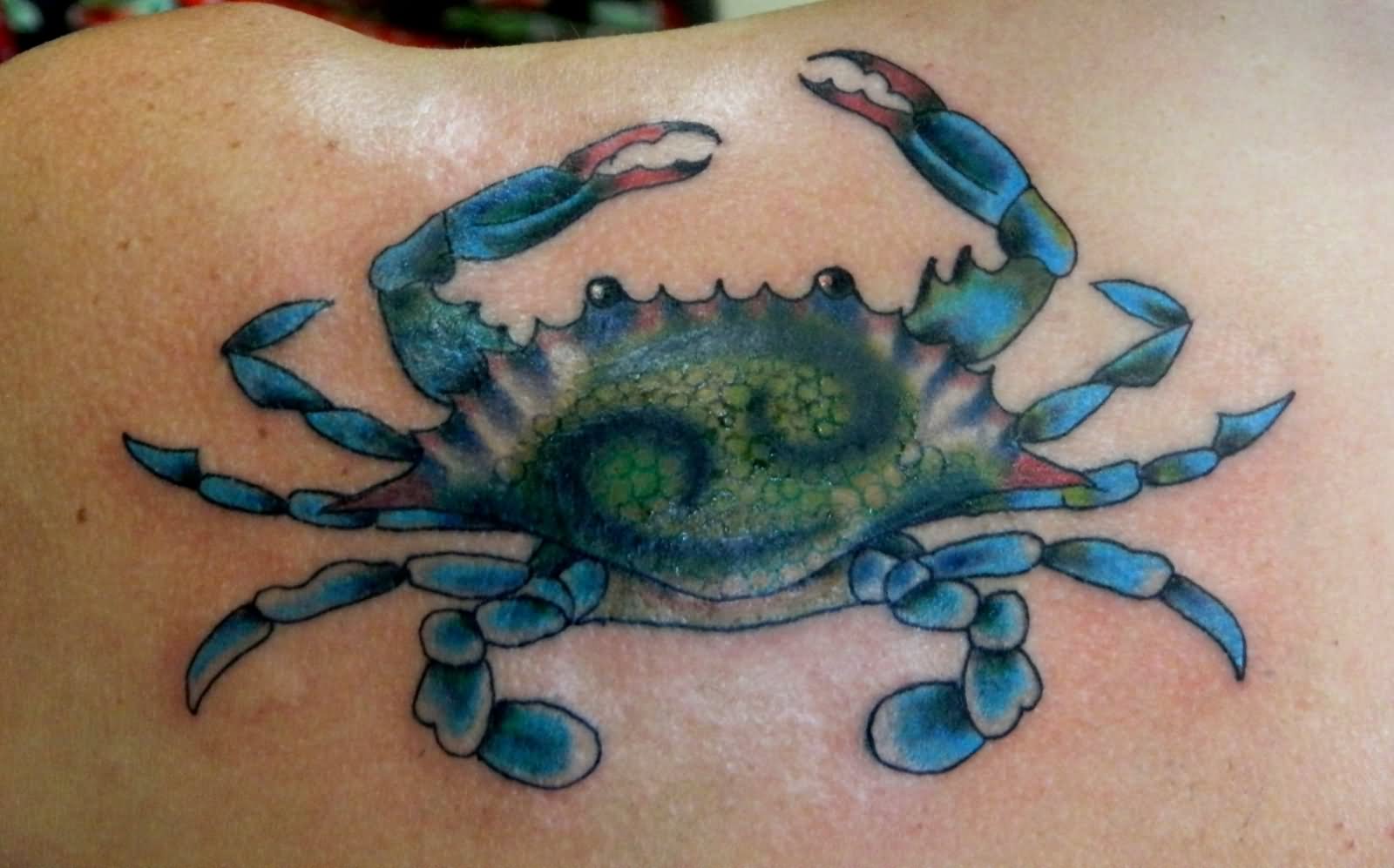Green And Blue Ink Crab Tattoo On Back Shoulder