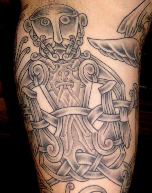Grey Ink Celtic Viking Tattoo On Half Sleeve