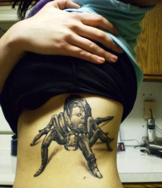 Grey Ink Crab Tattoo On Girl Side Rib