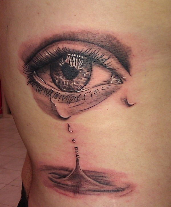 Grey Ink Crying Eye Tattoo Design For Side Rib