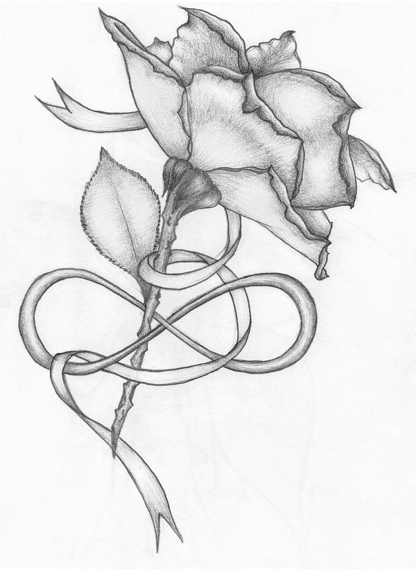Grey Ink Flower With Ribbon Tattoo Design