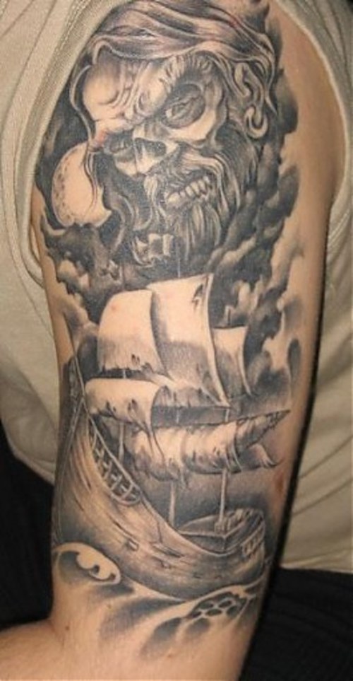 Grey Ink Ship And Viking Tattoo On Left Half Sleeve