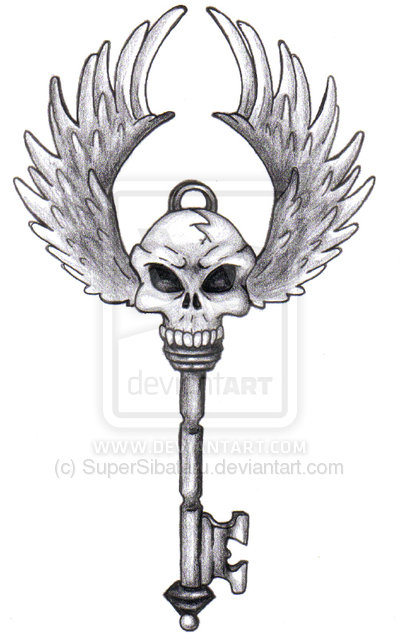 Grey Ink Skull Key With Wings Tattoo Design