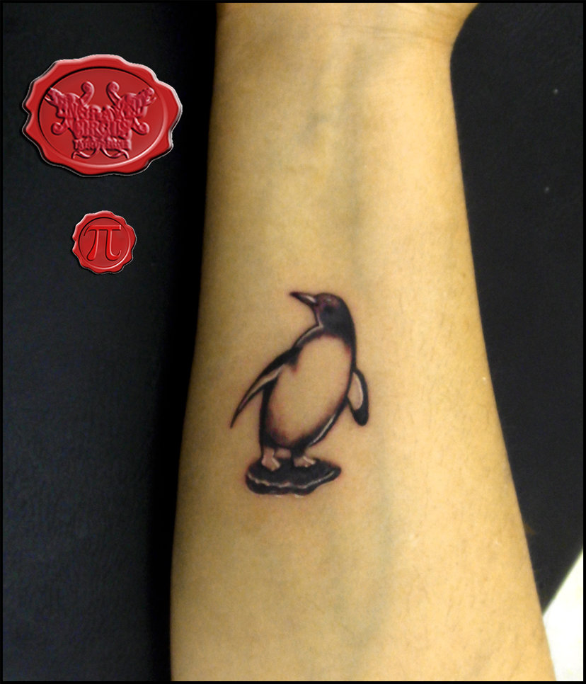 Grey Ink Sweet Penguin Tattoo On Forearm