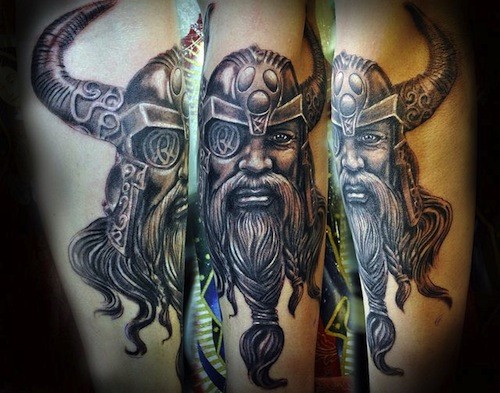 Grey Ink Viking Head Scandinavian God Thor Tattoo
