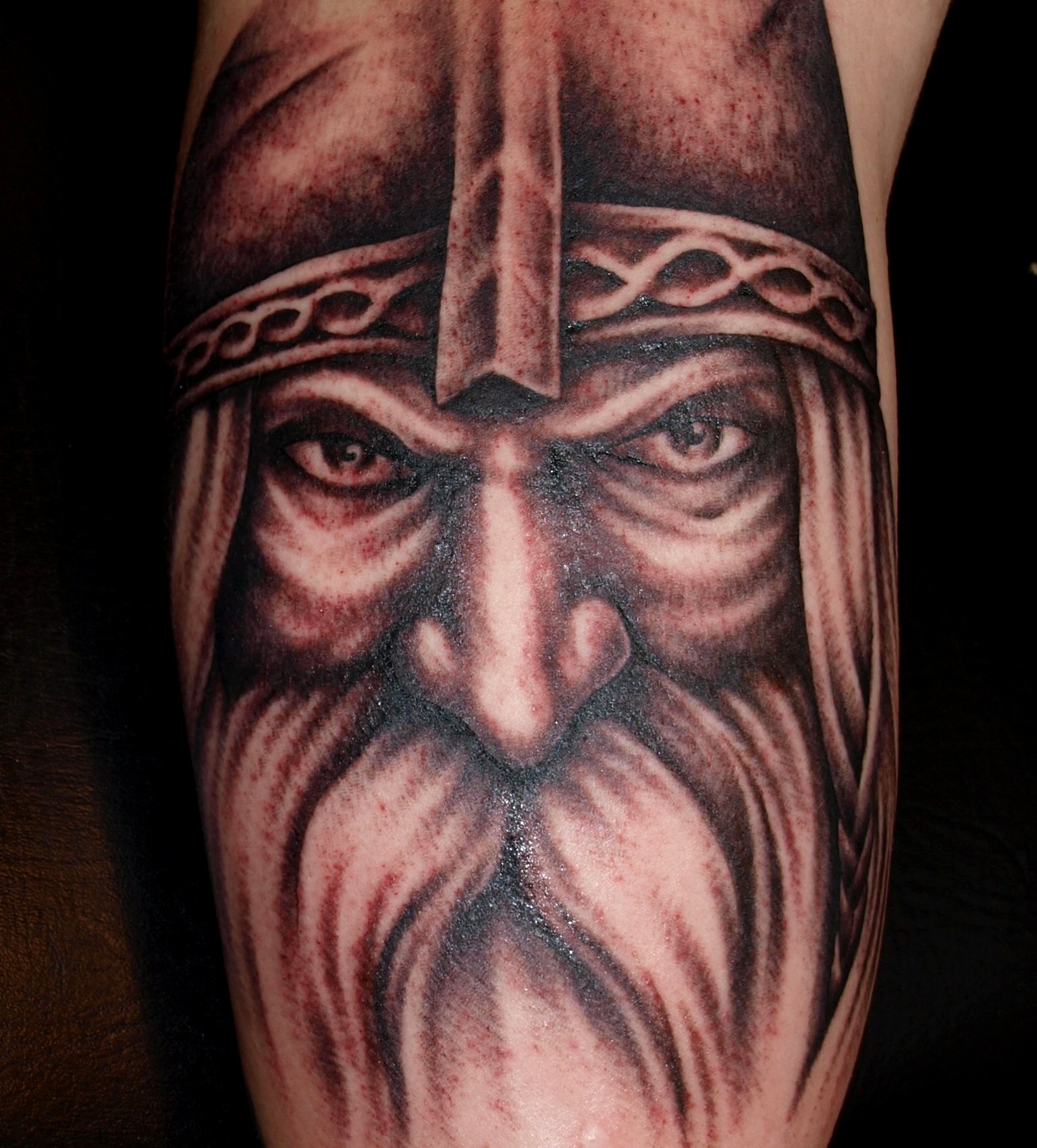 Grey Ink Viking Tattoo On Arm Full Sleeve