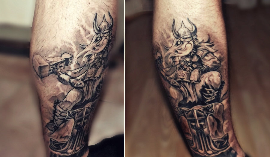 Grey Ink Viking With Hammer Tattoo by Hih13