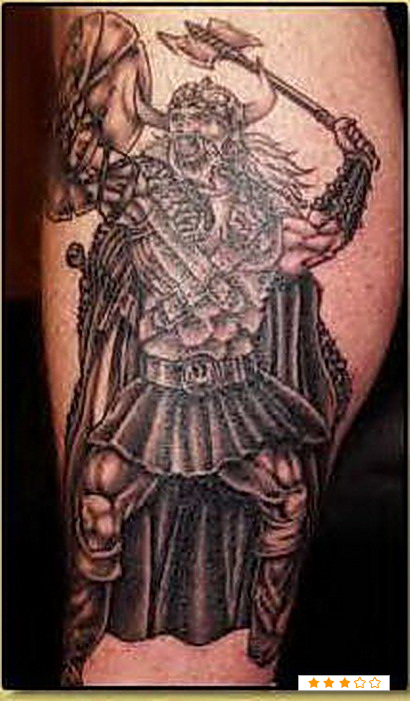 Grey Ink Warrior Viking Tattoo On Arm