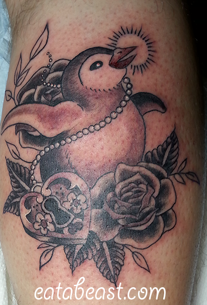 Grey Rose Flower And Penguin Tattoo