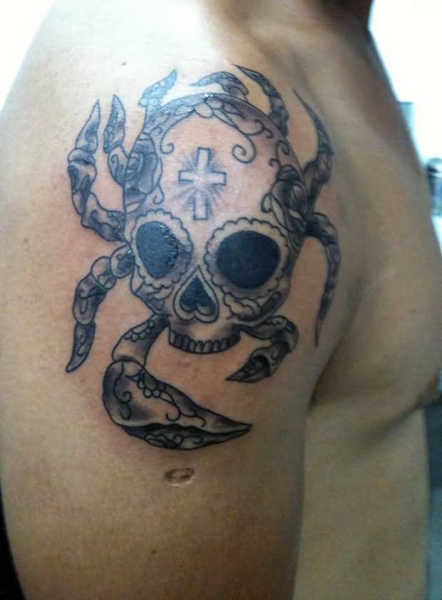 Grey Sugar Skull Crab Tattoo On Right Shoulder