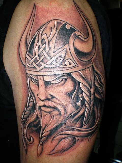 Grey Viking Tattoo On Left Sleeve