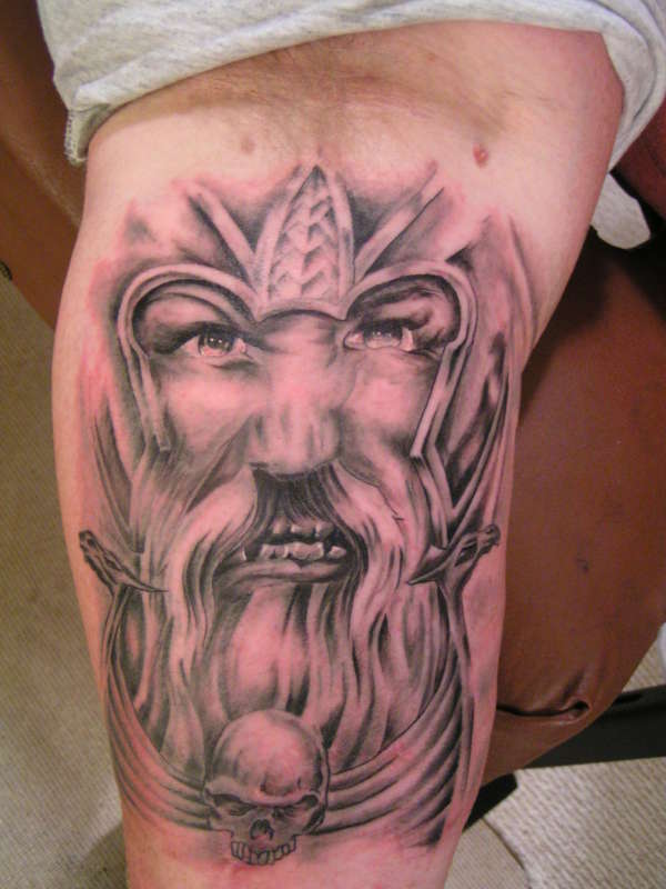 Grey Viking Tattoo On Leg Sleeve