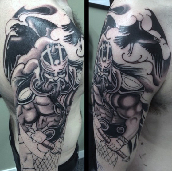 Grey Viking Tattoo On Right Sleeve
