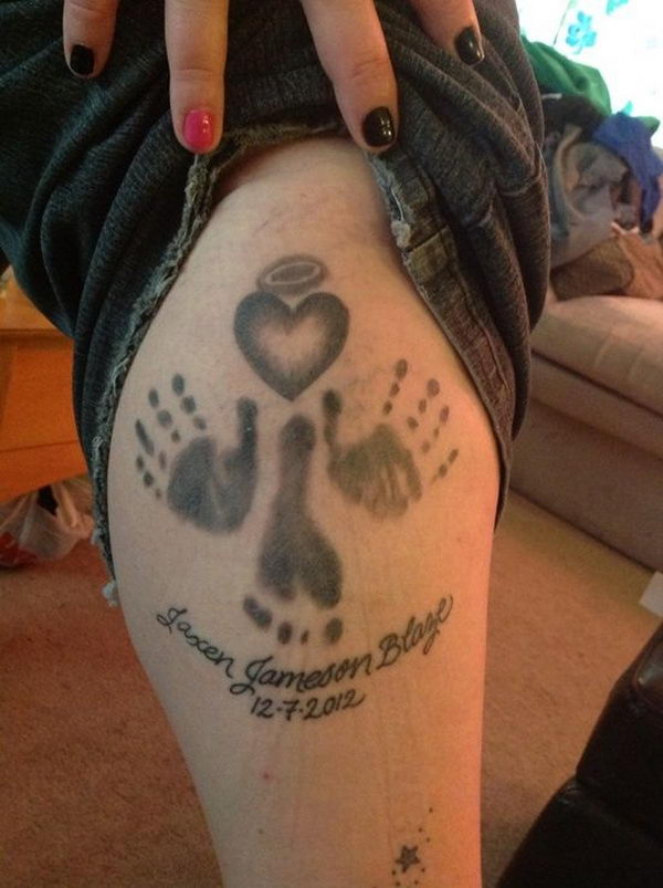 Hand And Foot Prints With Heart Tattoo Design For Leg