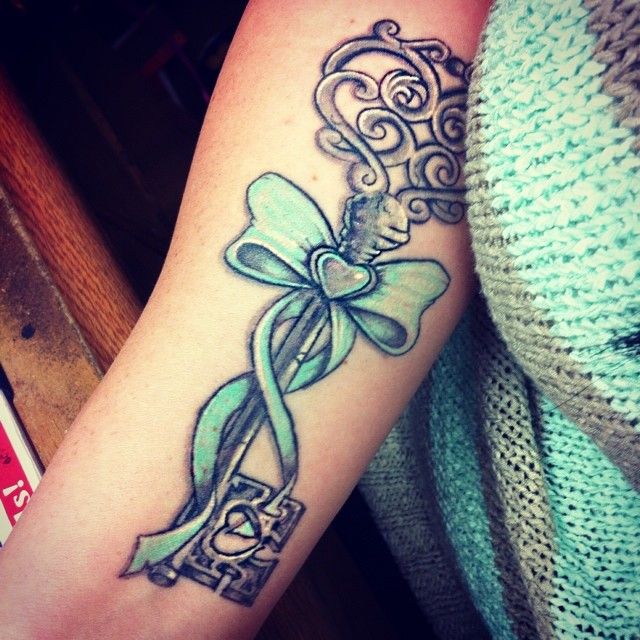 Heart Key With Ribbon Bow Tattoo Design For Half Sleeve