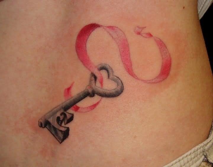 Heart Key With Ribbon Tattoo Design