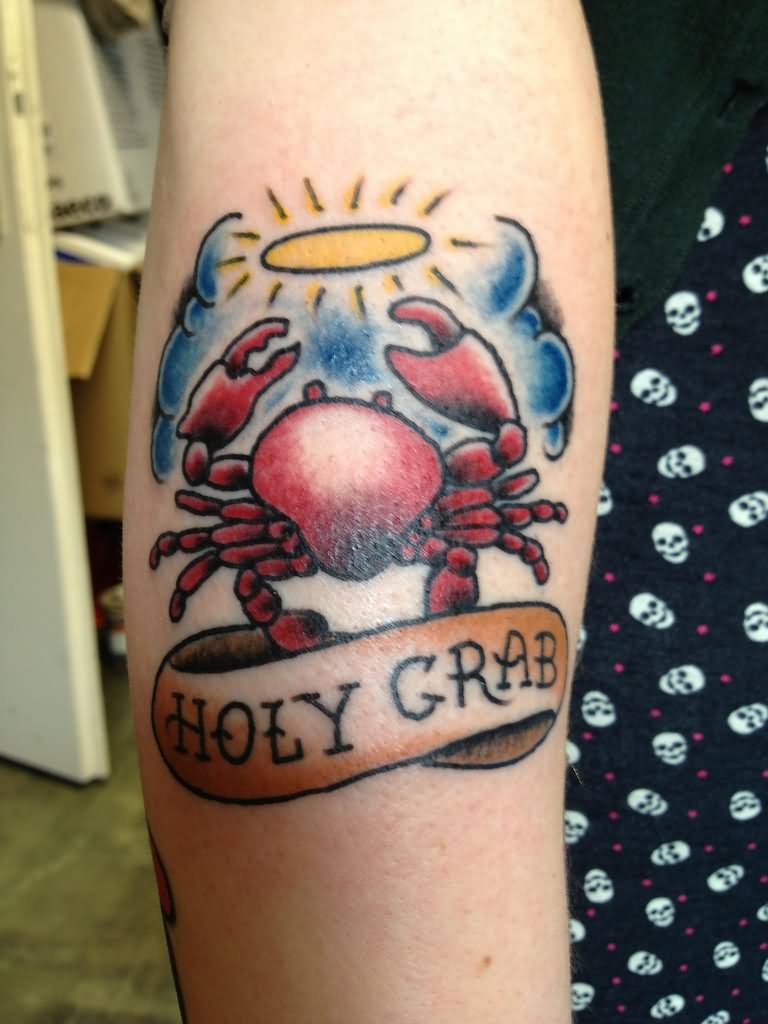 Holy Grab Banner And Crab Tattoo On Arm