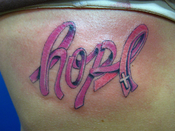 Hope - Cancer Ribbon Tattoo Design For Side Rib