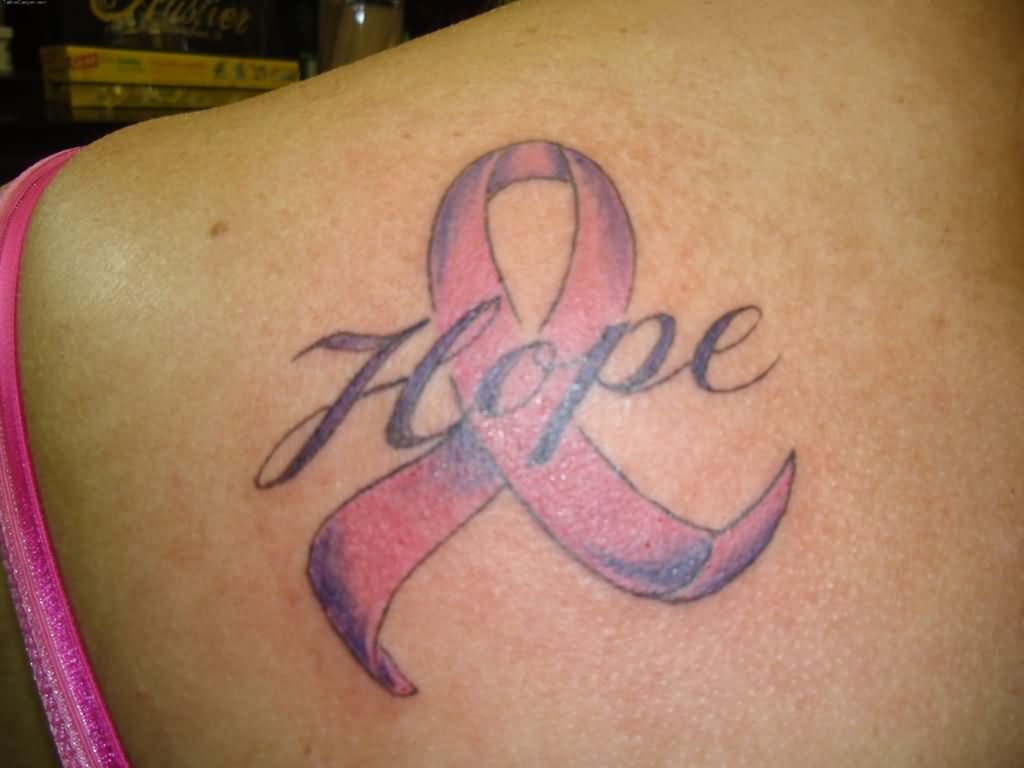 Hope - Purple Cancer Tattoo On Left Back Shoulder