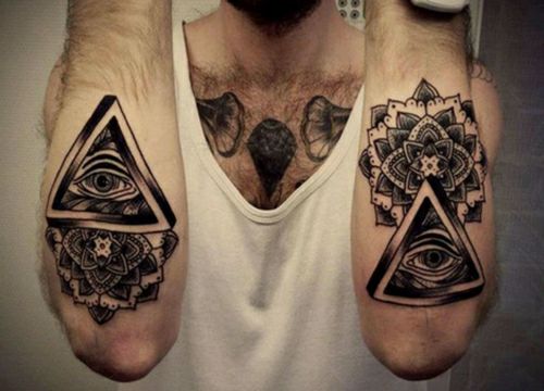 Illuminati Eye With Flower Tattoo On Both Forearm
