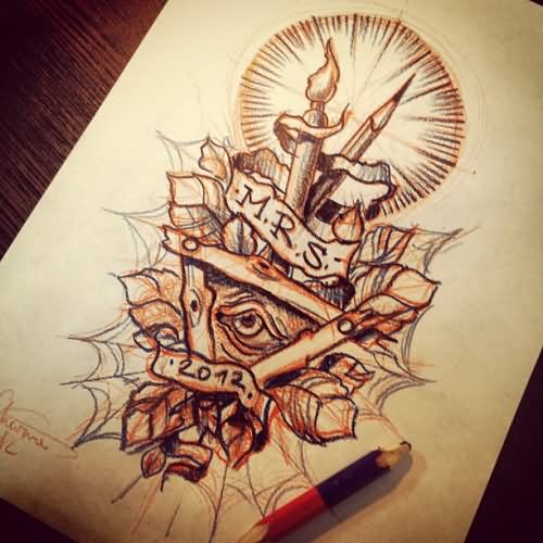 Illuminati Eye With Pencil And Banner Tattoo Design