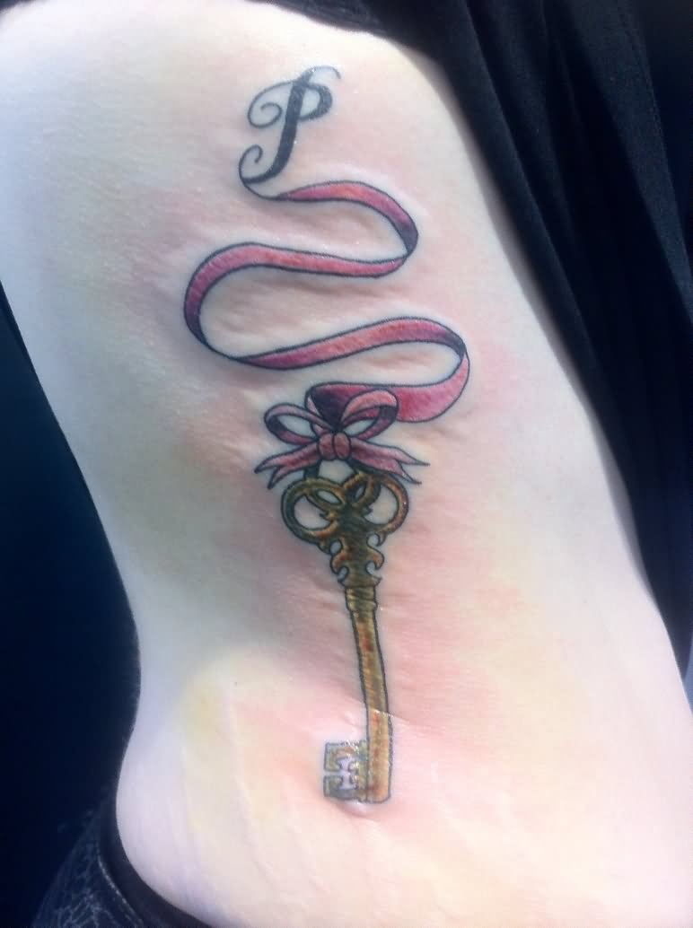 5+ Key With Ribbon Tattoos On Side Rib