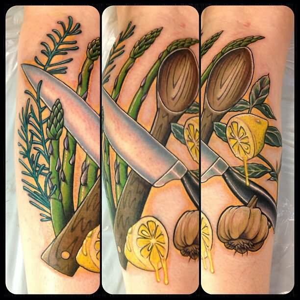 Knife With Garlic And Lemon Tattoo Design