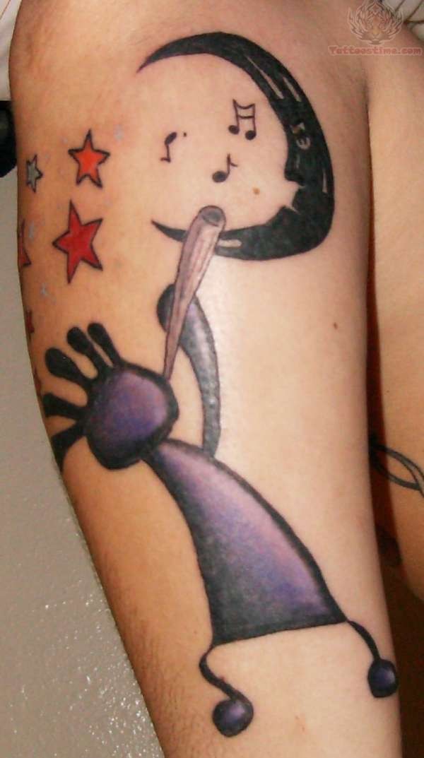 Kokopelli With Half Moon And Stars Tattoo Design For Arm
