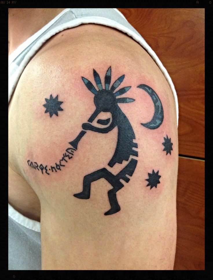Kokopelli With Half Moon And Stars Tattoo On Man Left Shoulder