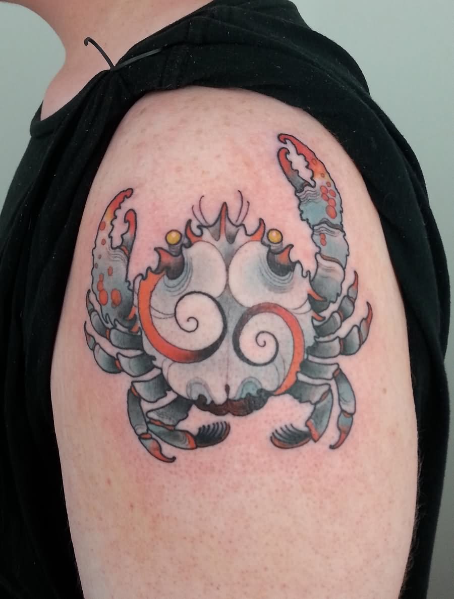Left Shoulder Colored Crab Tattoo For Girls