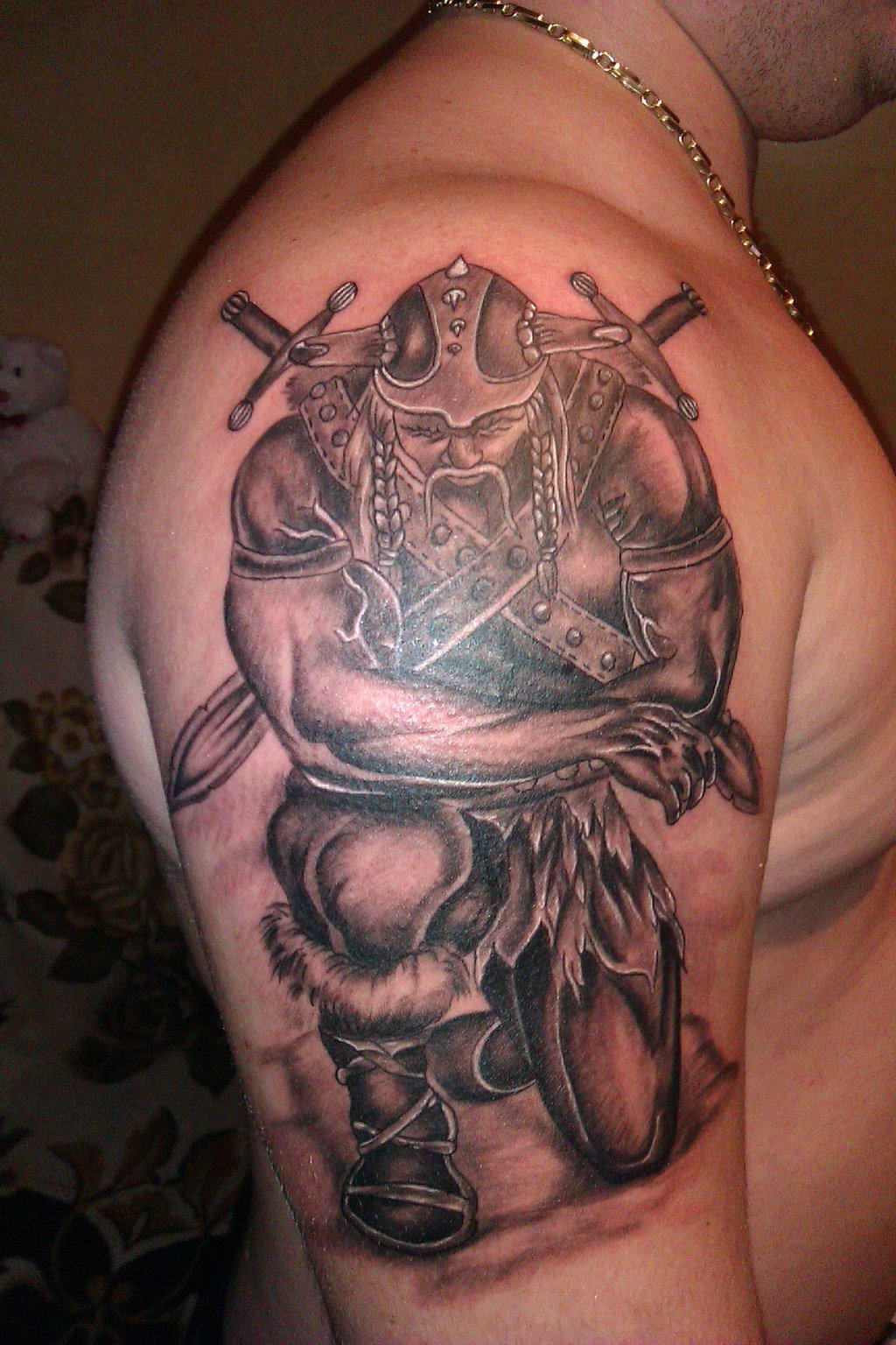 Man Right Half Sleeve Grey Ink Viking Tattoo