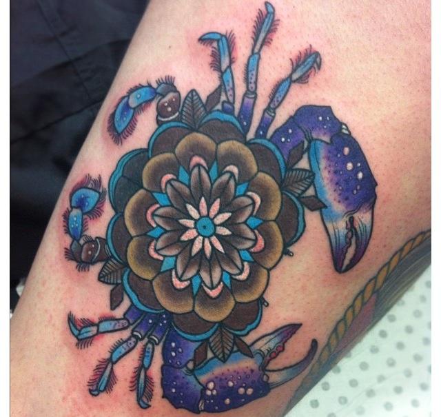 Mandala Flower And Blue Crab Tattoo On Arm Sleeve
