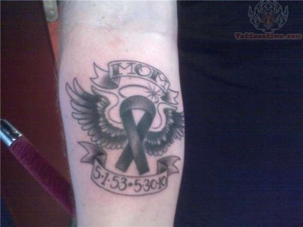 Memorial Cancer Ribbon With Wings And Banner Tattoo Design For Forearm