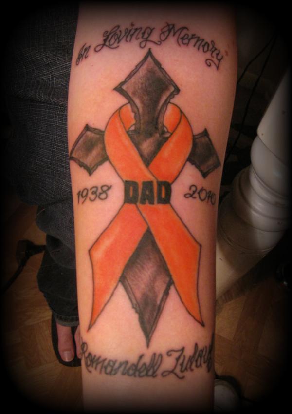 Memorial Cross With Scroll Cancer Ribbon Tattoo Design For Forearm