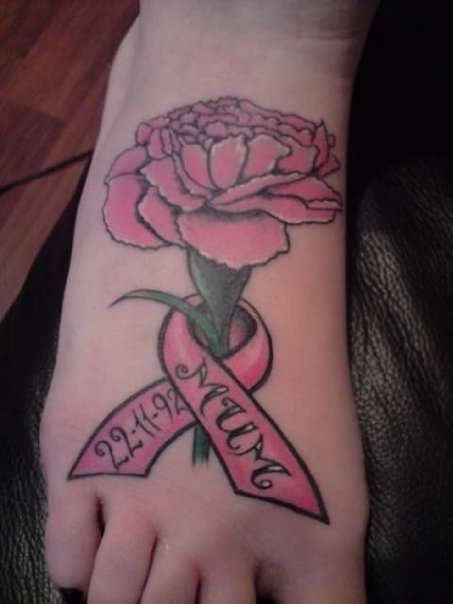 Memorial Flower With Ribbon Tattoo On Foot