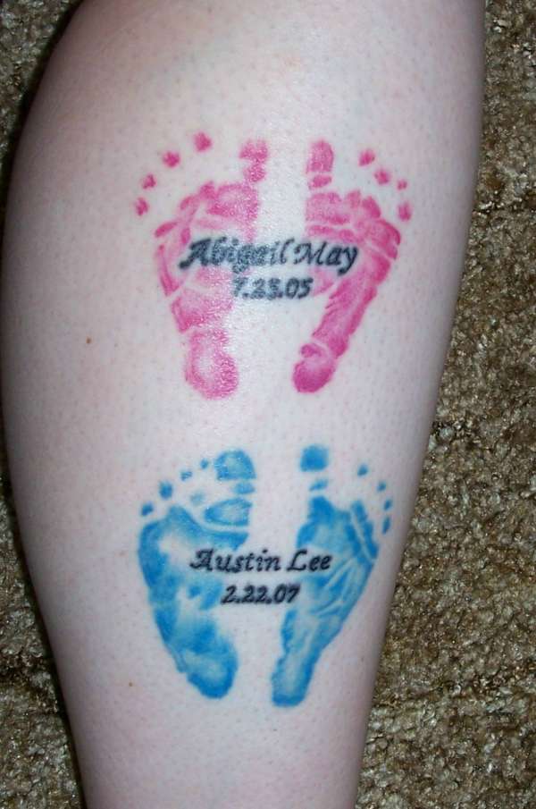 Memorial Pink And Blue Footprints Tattoo Design For Leg Calf