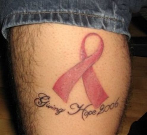 Memorial Pink Cancer Ribbon Tattoo Design For Thigh