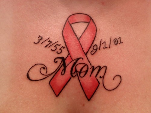 Memorial Pink Cancer Ribbon With Words Tattoo Design