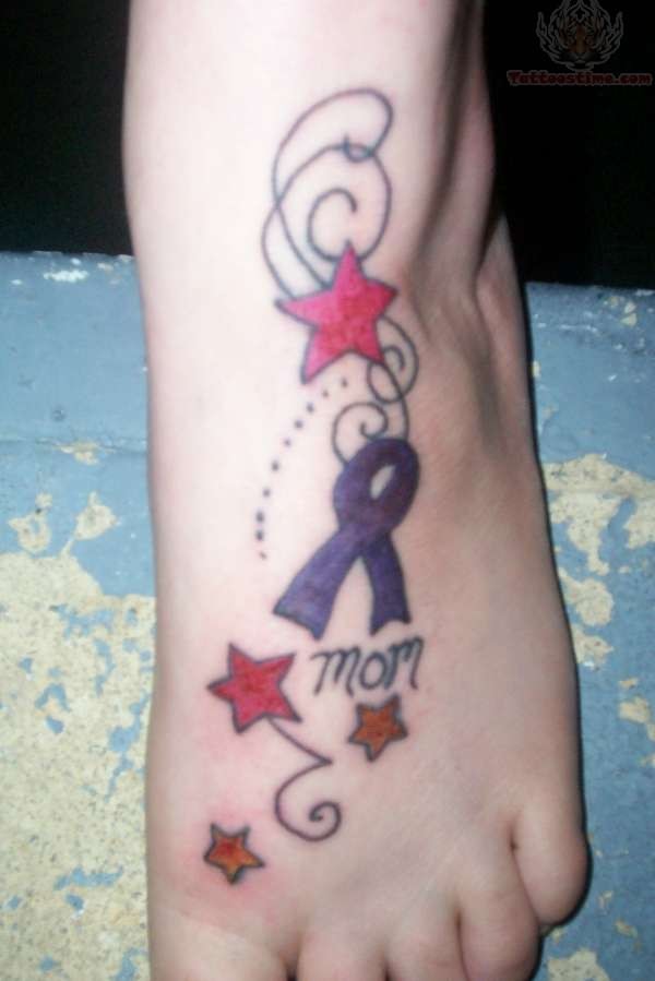 Mom - Purple Cancer Ribbon  With Stars Tattoo On Foot