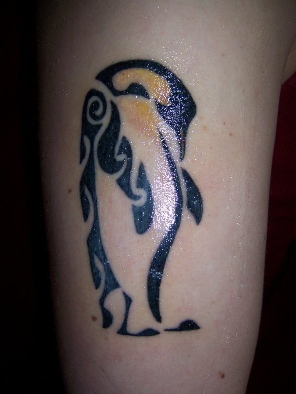 Nice Black Tribal Penguin Tattoo On Half Sleeve
