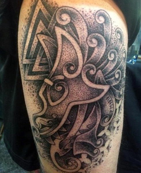 Nice Grey Ink Viking Tattoo On Arm Sleeve