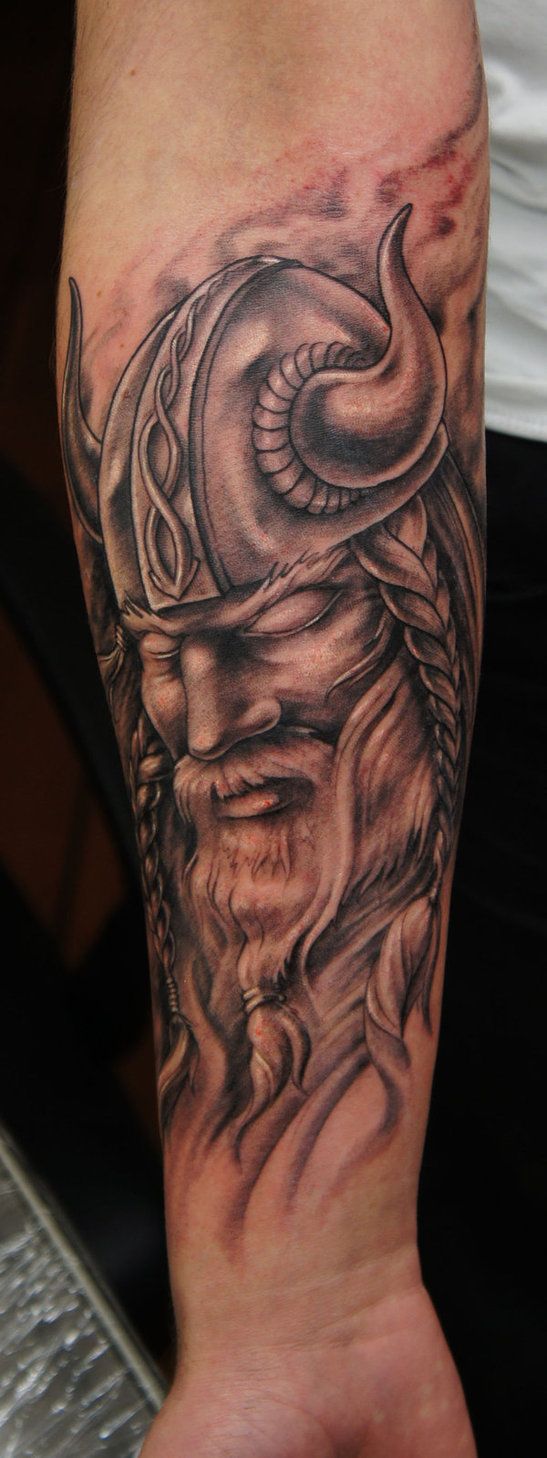 Nice Grey Viking Tattoo On Forearm