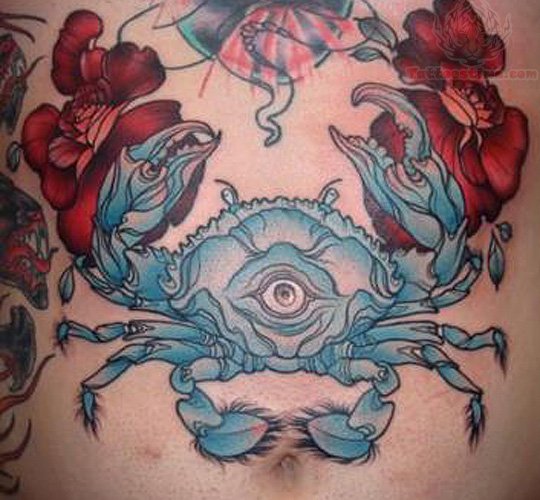 Nice Red Flowers And Blue Crab Tattoo On Belly