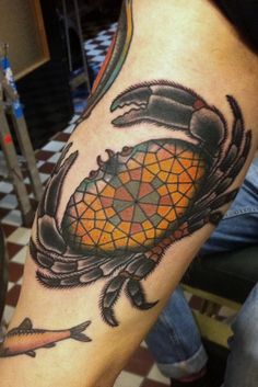 Nice Traditional Crab Tattoo On Arm For Men