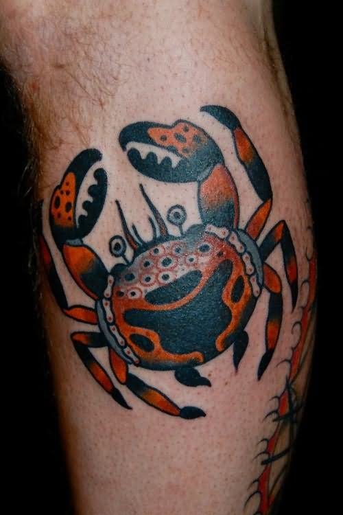 Old School Traditional Crab Tattoo On Leg