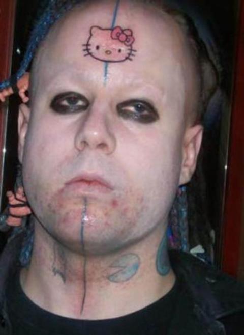 Outline Hello Kitty Tattoo On Man Forehead