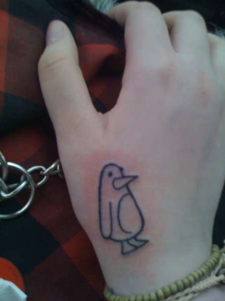 Outline Penguin Tattoo On Right Hand