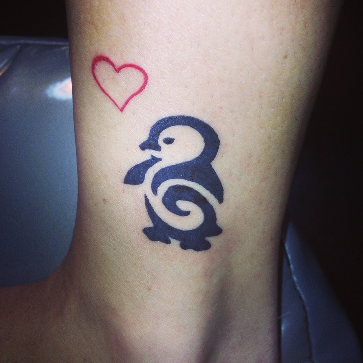 Outline Red Heart And Tribal Penguin Tattoo On Leg