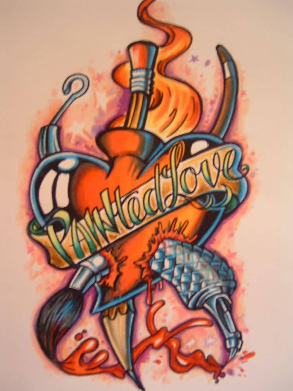 Paintbrush And Pencil In Heart Tattoo Design